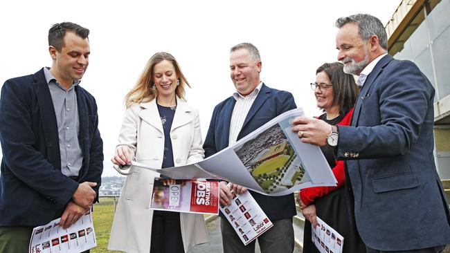 Labor leader, Rebecca White alongside President of the Royal Agricultural Society of Tasmania, Peter Spotswood and Labor MP's Josh Willie, Ella Haddad and David O'Byrne as Labor launched their COVID-19 Recovery Package. Picture: ZAK SIMMONDS