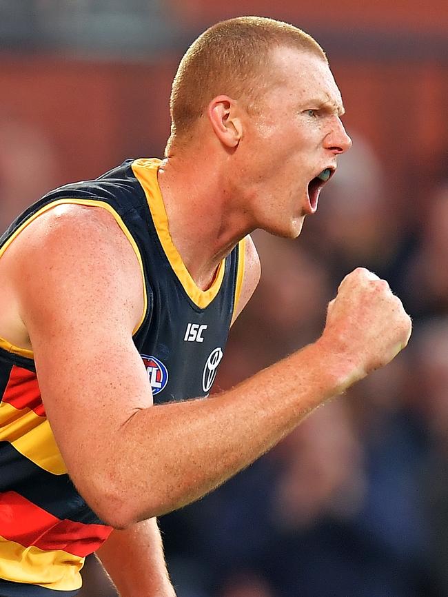 Crows ruckman Sam Jacobs celebrates after kicking a goal against the West Coast Eagles at Adelaide Oval. Picture: Daniel Kalisz/Getty