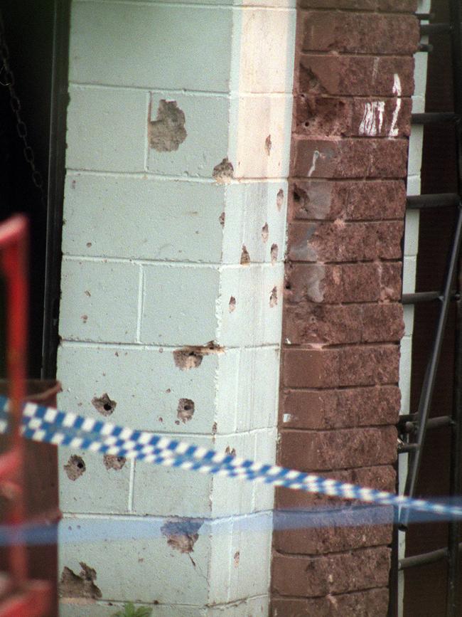 A bullet-ridden brickwall at the Rebels clubhouse in Yandina Road, West Gosford, after the 1999 shooting.