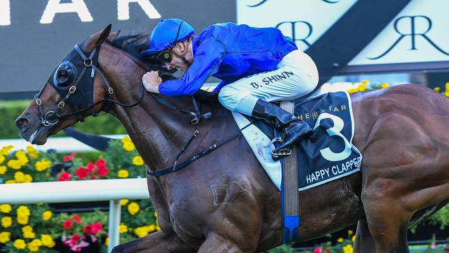 Blake Shinn rode Happy Clapper to one of his biggest wins, the 2018 Doncaster Mile. Picture: AAP