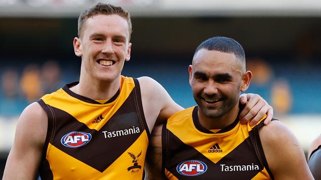 Denver Grainger-Barras (left) with AFL legend Shaun Burgoyne. Picture: Michael Willson/AFL Photos via Getty Images