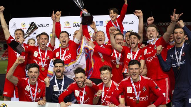 Campbelltown City celebrate their 3-0 grand final win over Comets at Hindmarsh Stadium Picture: AAP/Emma Brasier