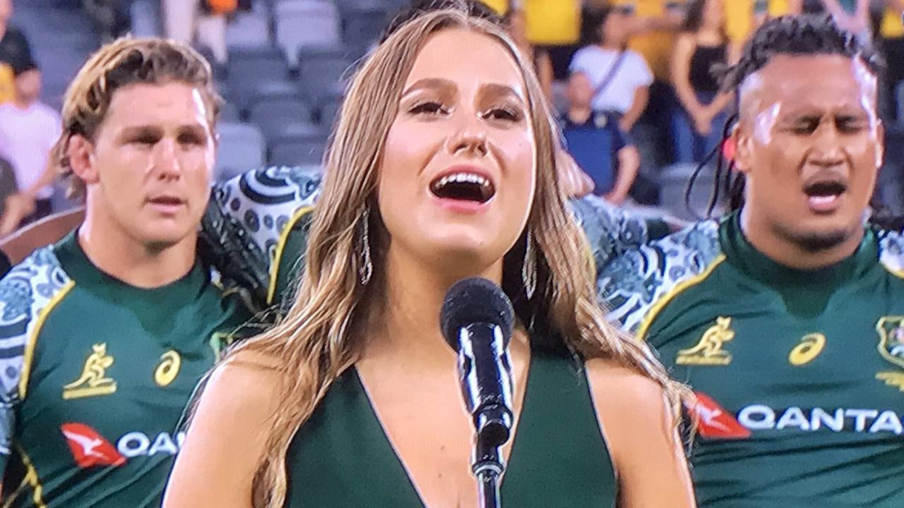 The Australian anthem performed before the Wallabies versus Pumas rugby Test at Bankwest Stadium was sung in indigenous language.