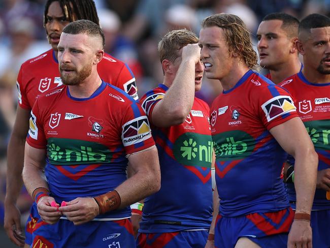 NEWCASTLE, AUSTRALIA - MARCH 17:  Jackson Hastings of the Knights reacts after a Dolphins try during the round three NRL match between Newcastle Knights and Dolphins at McDonald Jones Stadium on March 17, 2023 in Newcastle, Australia. (Photo by Cameron Spencer/Getty Images)