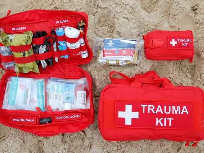 New trauma medical kits will be rolled out across NSW to surf clubs and surf schools specifically designed to treat injuries relating to shark attacks. Picture: Toby Zerna