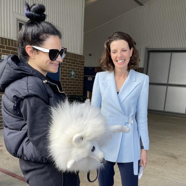 Allegra Spender (right) chats with supporter Manon Peitra, pictured with her pup Kittie. Photo: Clare Sibthorpe