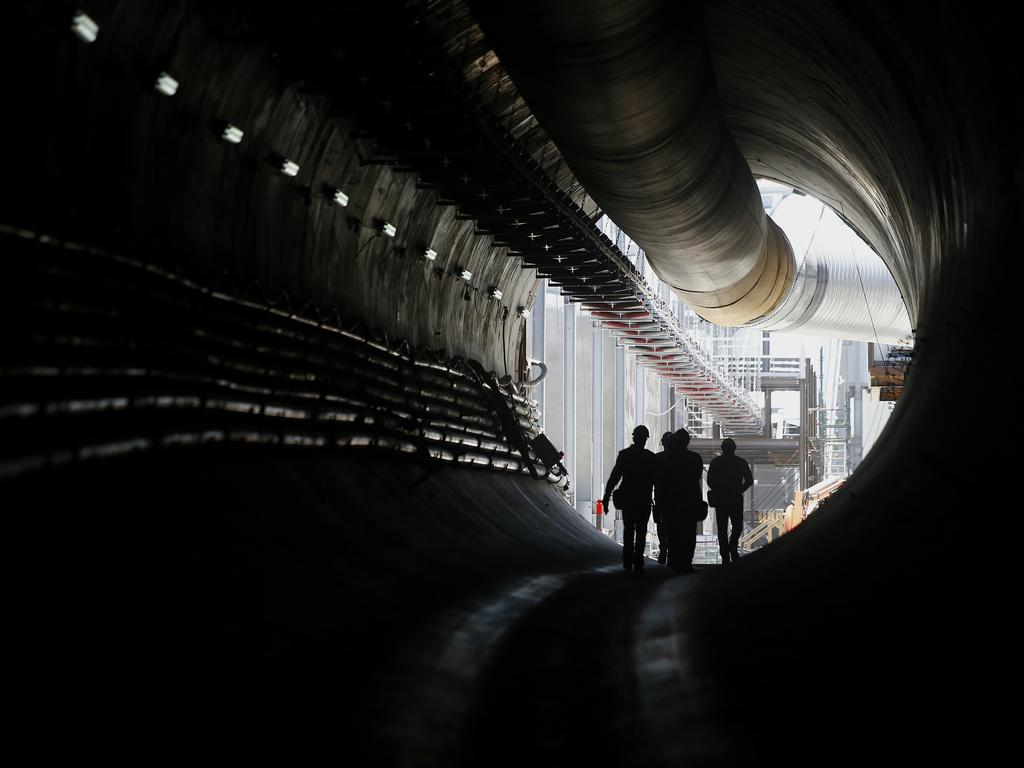 Underground in the North West Rail Link tunnel near Bella Vista. The North West Rail Link is underway and TBM Elizabeth has cut through 1092metres of earth travelling East from Bella Vista. Picture: Bradley Hunter