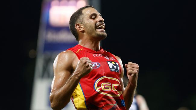 DARWIN, AUSTRALIA - MAY 16: Ben Long of the Suns celebrates a goal during the 2024 AFL Round 10 match between The Gold Coast SUNS and The Geelong Cats at TIO Stadium on May 16, 2024 in Darwin, Australia. (Photo by Michael Willson/AFL Photos via Getty Images)