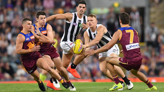 The Lions hosting the Magpies or Tigers in the first week of finals is the most likely fixture should Brisbane beat Richmond next week. Picture: AAP Image/Darren England