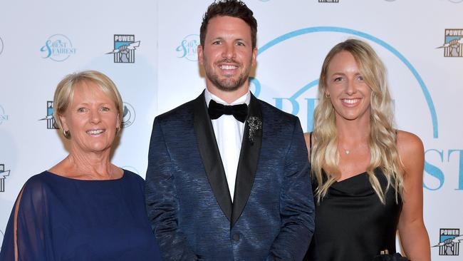 Travis Boak with his mother Chicki and sister Cassie at Port Adelaide’s Best and Fairest awards night in 2019. Picture: Mark Brake