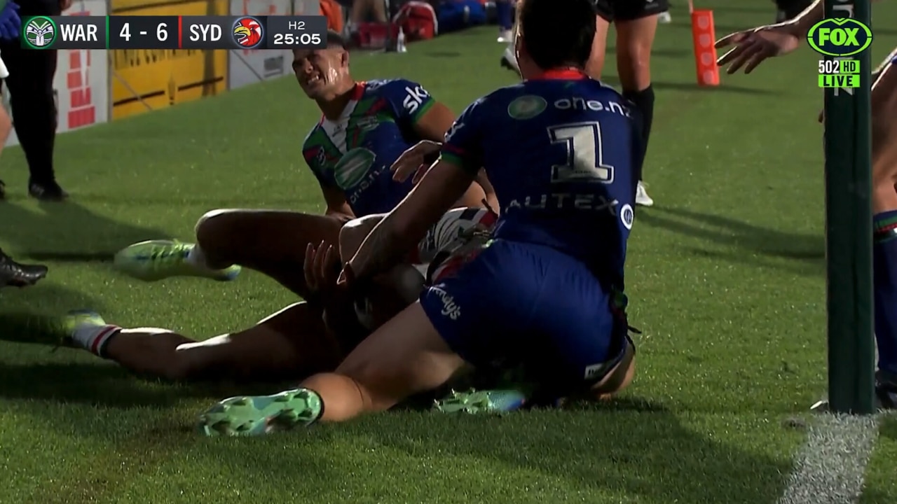 Tuivasa-Sheck reacts right after the tackle. Photo: Fox Sports