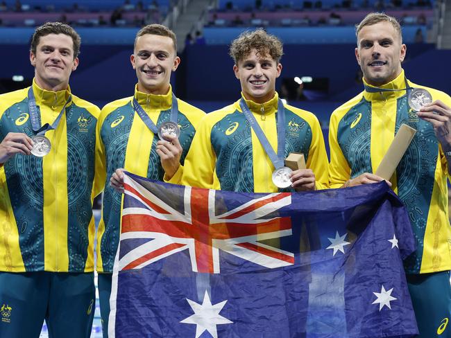 Australia’s silver-medal winning relay team; Jack Carwright, Flynn Southam, Kai Taylor and Kyle Chalmers. Picture: Michael Klein