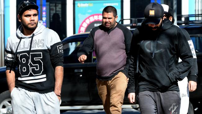 Three of the five abalone poachers Phillip Lincoln, Timothy Dudley, Greg Wanganeen, Edgar Wanganeen and Robin Grant Wanganeen at the Adelaide Magistrates Court.