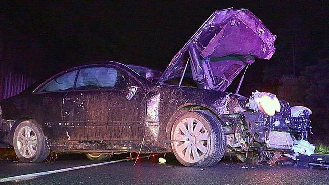 The luxury car was heavily damaged at the crash near Bonville. Picture: Frank Redward