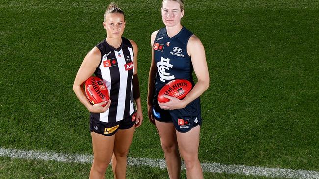 MELBOURNE, AUSTRALIA - MAY 06: (L-R) Ruby Schleicher of the Magpies and Breann Harrington of the Blues pose during the AFLW Media Opportunity announcing 100 days to go to the 2025 NAB AFLW season at Ikon Park on May 06, 2025 in Melbourne, Australia. (Photo by Michael Willson/AFL Photos via Getty Images)