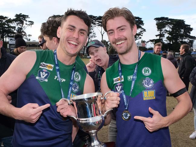 Joe Maishman, co coach Glenn Keast andHarrison Kol celebrate the win. Picture: Mark Wilson