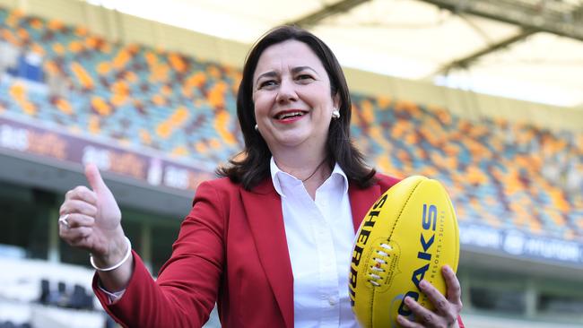 Queensland Premier Annastacia Palaszczuk this week at the announcement that the 2020 AFL Grand Final game will be played at the Gabba. Picture: NCA NewsWire/Dan Peled