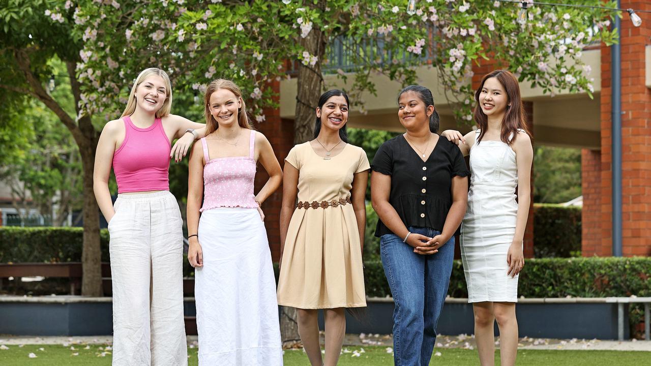 Natasha Whittle, Sarah Ott, Lekshmy Ananthan, Kavinda Athuraliya and Chloe Lau at St Aidan's Anglican Girls' School in Corinda after the announcement of their Year 12 ATAR results. Pics Tara Croser.