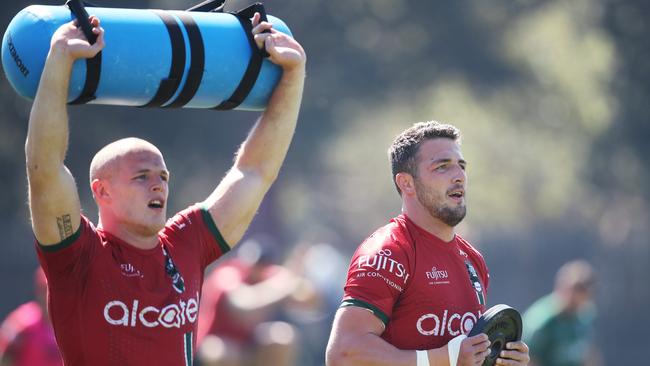 Super-fit Burgess (right) with brother Tom at a Rabbitohs training session. Picture: Phil Hillyard