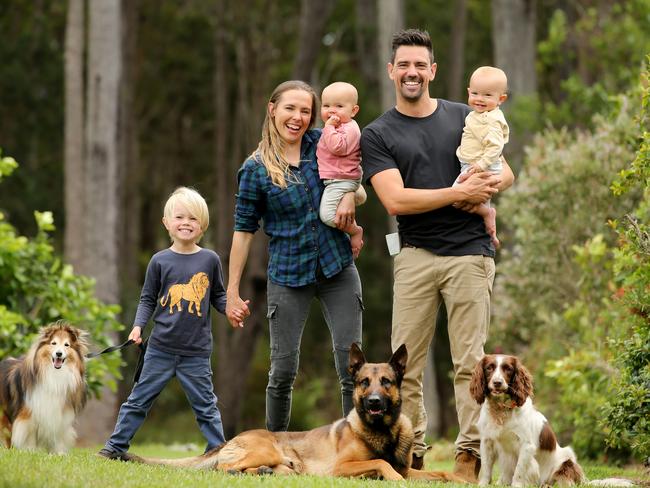 Jen and Ryan Tate with children Lennox, Evelyn and Wren and dogs Finn, Rafa and Taylor. (the English springer spaniel who made headlines in 2020 as the dog who helped find displaced and injured wildlife during the bushfires). Picture: Nathan Edwards