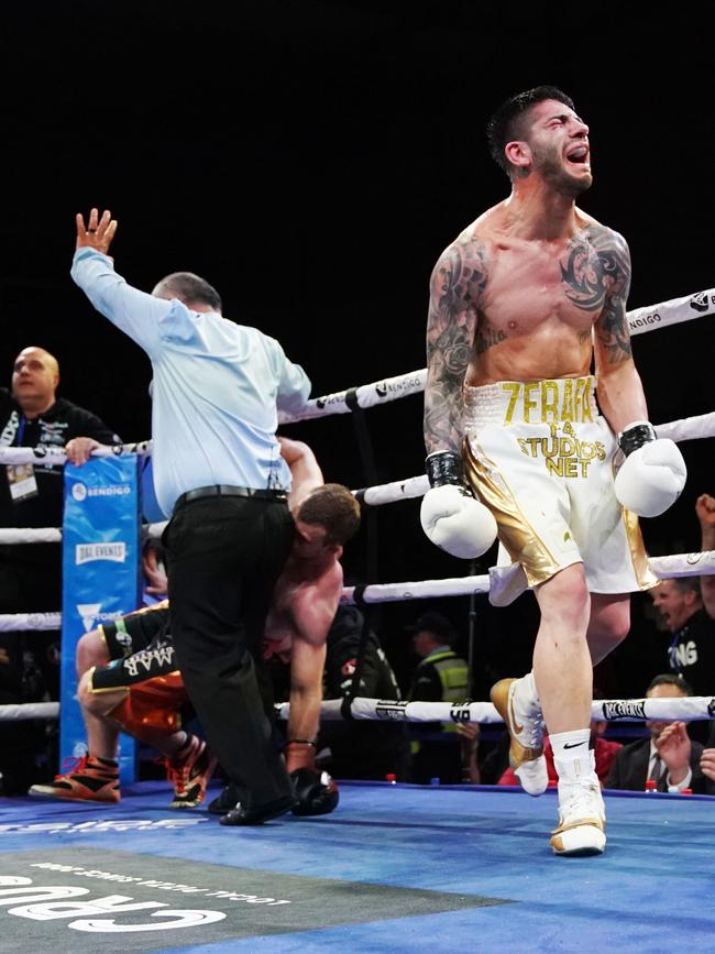 Michael Zerafa celebrates the win against Jeff Horn at the Bendigo Stadium on August 31. (AAP Image/Michael Dodge)