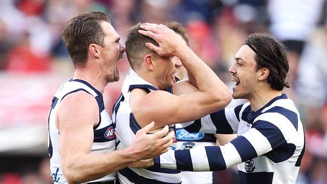 Selwood was swamped by teammates after his goal. Picture: Mark Kolbe/AFL Photos/via Getty Images