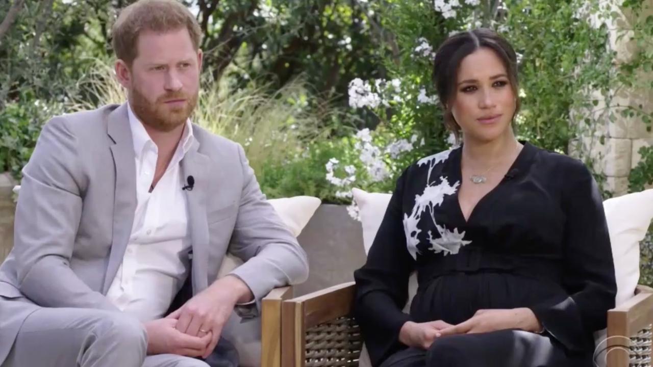 Britain’s Prince Harry and his wife Meghan Markle in a conversation with Oprah Winfrey. Picture: CBS