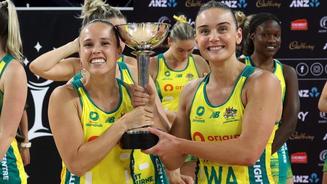 Liz Watson of Australia (R) and Paige Hadley (L) with the Constellation Cup. Picture: Getty Images