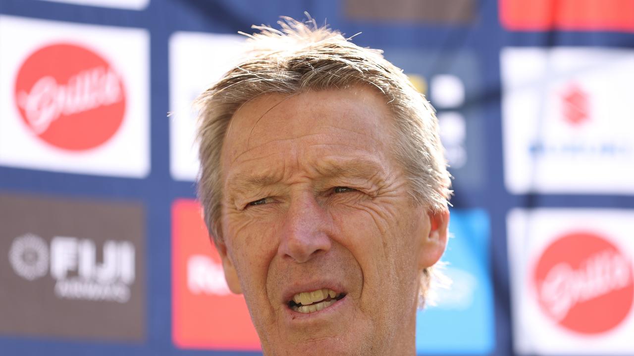 MELBOURNE, AUSTRALIA - MARCH 07: Craig Bellamy head coach of the Storm speaks to the media during a Melbourne Storm NRL training session at AAMI Park on March 07, 2024 in Melbourne, Australia. (Photo by Robert Cianflone/Getty Images)