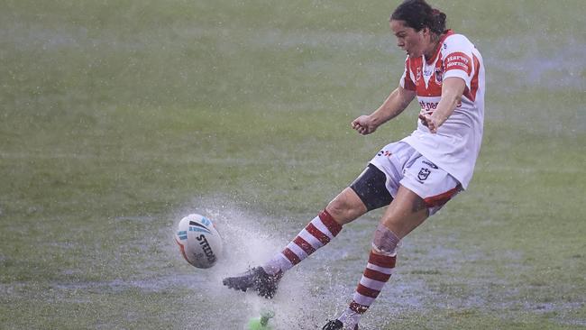 NRLW star Rachael Pearson, pictured kicking for the St George Illawarra Dragons, debuted for the Illawarra Steelers last week. (Photo by Mark Evans/Getty Images)