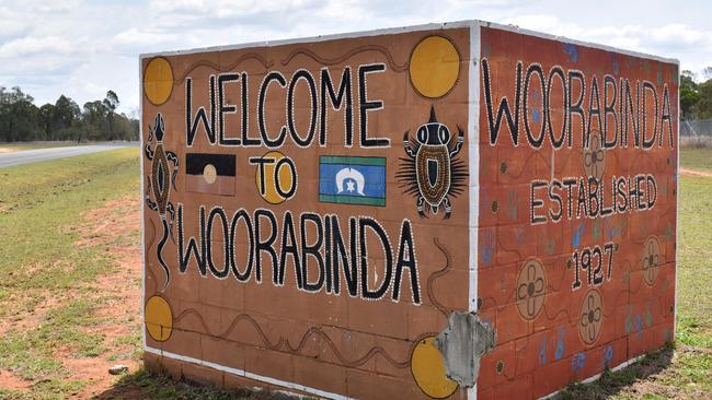 The Welcome to Woorabinda sign following the deaths of two toddlers in the remote Indigenous community. Photo: Geordi Offord