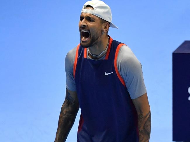 TURIN, ITALY - NOVEMBER 16:  Thanasi Kokkinakis of Australia (out of frame) and Nick Kyrgios of Australia celebrate a point while playing Ivan Dodig of Croatia and Austin Krajicek United States in      the doubles round robin during day four of the Nitto ATP Finals at Pala Alpitour on November 16, 2022 in Turin, Italy.  (Photo by Valerio Pennicino/Getty Images)