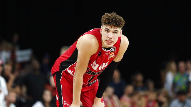 AUCKLAND, NEW ZEALAND - NOVEMBER 30: LaMelo Ball of the Hawks looks on during the round 9 NBL match between the New Zealand Breakers and the Illawarra Hawks at Spark Arena on November 30, 2019 in Auckland, New Zealand. (Photo by Anthony Au-Yeung/Getty Images)