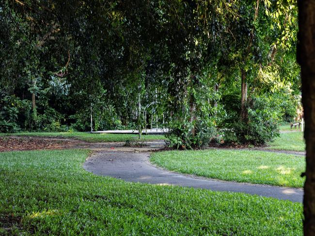 The public footpath the runs along Moody Creek at Manoora is poorly lit and has many blind spots hidden from public view, due to the thick vegetation growing along the creek. Picture: Brendan Radke