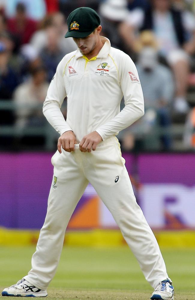 Cameron Bancroft adjusts the front of his trousers during day 3 of the 3rd Test match Newlands on March 24, 2018. Picture: Ashley Vlotman/Gallo Images/Getty Images