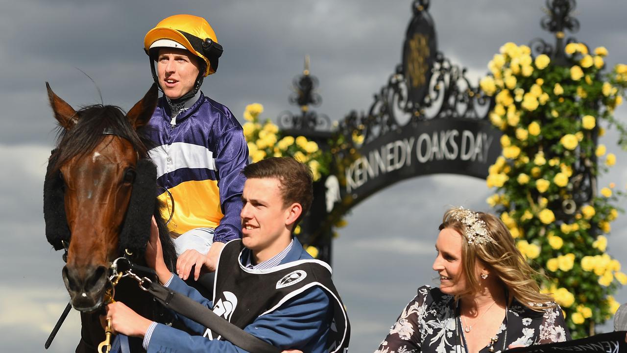 Damian Lane, riding Aristia, after winning race 8 at the 2018 Kennedy Oaks Day. Picture: Quinn Rooney/Getty Images