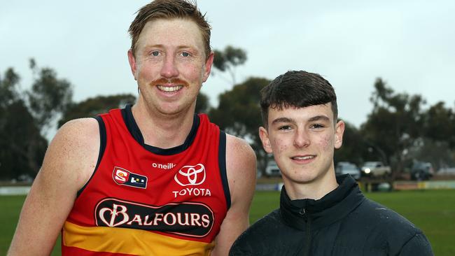 Adelaide’s Neil Kerley Medallist Kieran Strachan with Kerley’s grandson Campbell Hossack at Murray Bridge. Picture: Peter Argent/SANFL