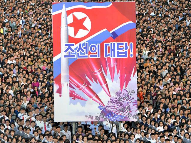 An anti-America rally being held in North Korea. Picture: AFP PHOTO / KCNA VIA KNS / STR