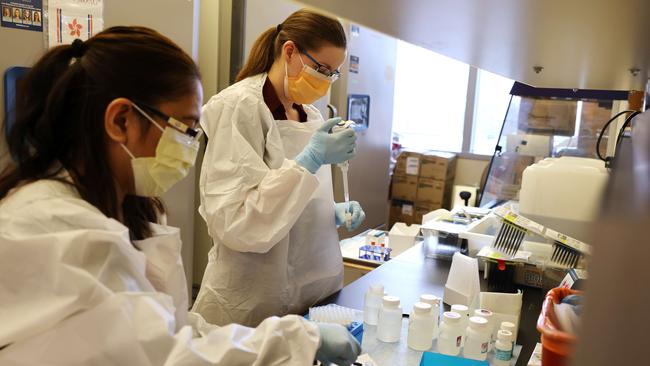 Medical lab scientists Glenda Daza (left) and Emily Degli-Angeli work on samples collected in the Novavax phase three COVID-19 clinical vaccine trial at the UW Medicine Retrovirology Lab in Seattle, USA. Picture: Getty Images