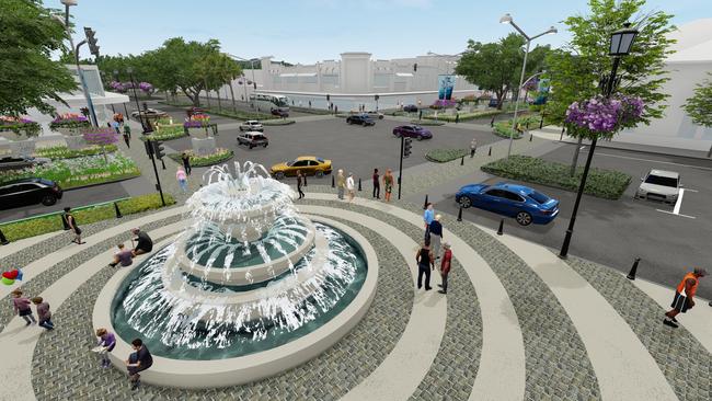 Property investor Frank Gasparin has funded a concept video and design to transform Abbott St in the Cairns CBD into a beautiful metropolitan retail and hospitality area. This shot shows a new proposed water fountain at Anzac Park near the Reef Hotel Casino. Picture: Supplied