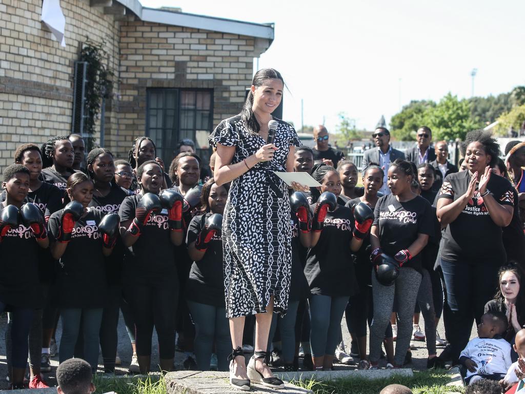 Meghan, Duchess of Sussex gives a speech during a visit to the "Justice desk", an NGO in the township of Nyanga in Cape Town. Picture: AFP