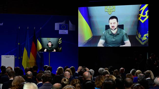 Volodymyr Zelensky addresses the International Expert Conference on the Recovery, Reconstruction and Modernisation of Ukraine in Berlin via a video link. Picture: AFP