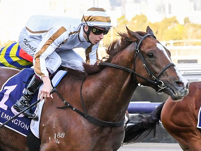 Dice Roll (FR) ridden by Fred Kersley wins the Brian Beattie Handicap at Flemington Racecourse on June 19, 2021 in Flemington, Australia. (Brett Holburt/Racing Photos via Getty Images)