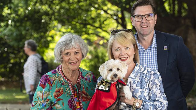 At the Blessing of the Pets are (from left) Joan, Lisa and Toowoomba Mayor Geoff McDonald with Luca wearing his mayoral robe at All Saints Anglican Church, Saturday, October 12, 2024. Picture: Kevin Farmer