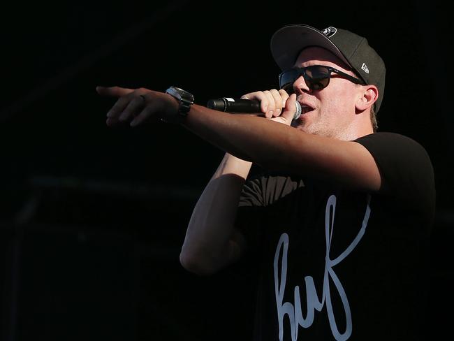 MC Suffa ... of the Hilltop Hoods performs on stage during the Future Music Festival. Picture: Mark Metcalfe/Getty Images