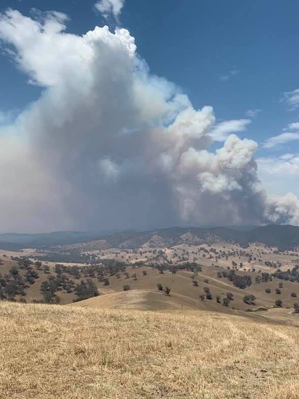 A fire burning in East Gippsland advances over the horizon Picture: Paul Sheean