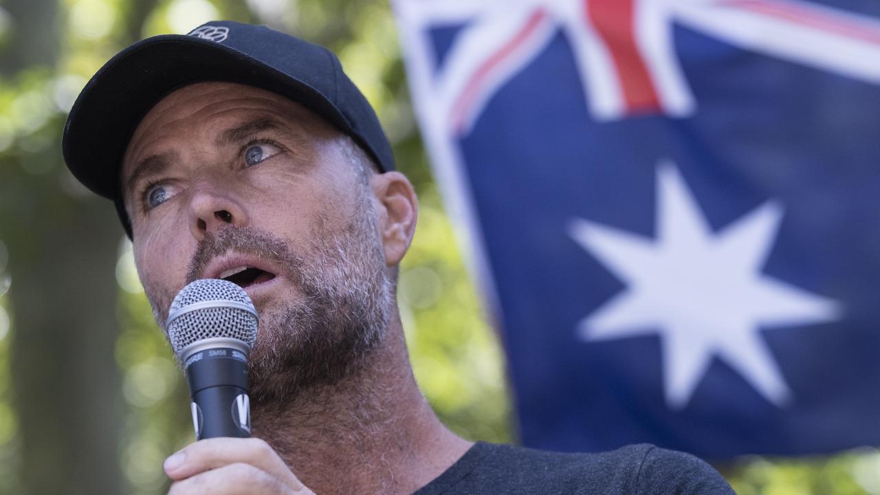 The 48-year-old conspiracy theorist, pictured at an anti-vaccination rally in February, announced he was running for Senate earlier this year. Picture: Brook Mitchell/Getty Images