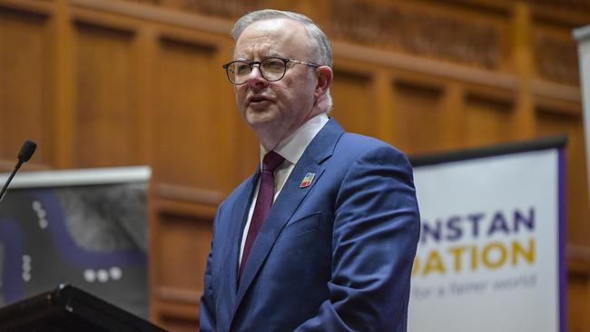 Prime Minister Anthony Albanese delivers the Lowitja O'Donoghue address at Adelaide University on Monday night. Picture: NCA NewsWire / Roy VanDerVegt