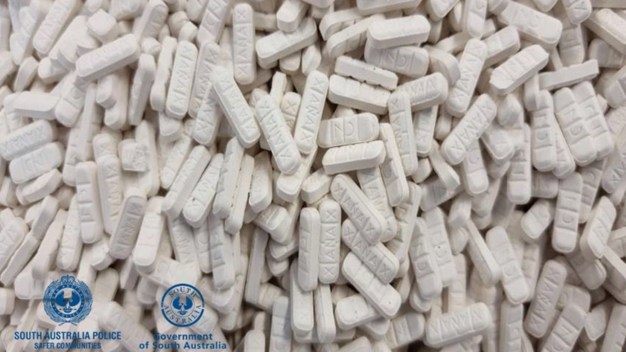 Police released this photo after seizing approximately 10,000 white tablets labelled 'Xanax’. Picture: Supplied