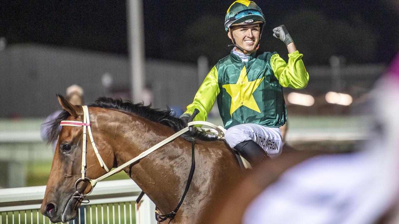 Yellow Brick ridden by Ben Thompson wins the inaugural King of the Mountain at Clifford Park race course. Saturday, December 31, 2022. Picture: Nev Madsen.